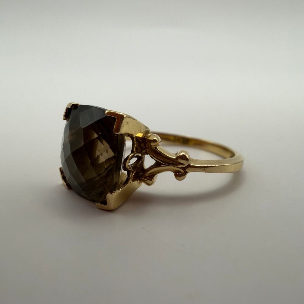 Vintage 14K Yellow Gold Smoky Quartz Cocktail Ring Size 7.5 Cushion Cut Filigree